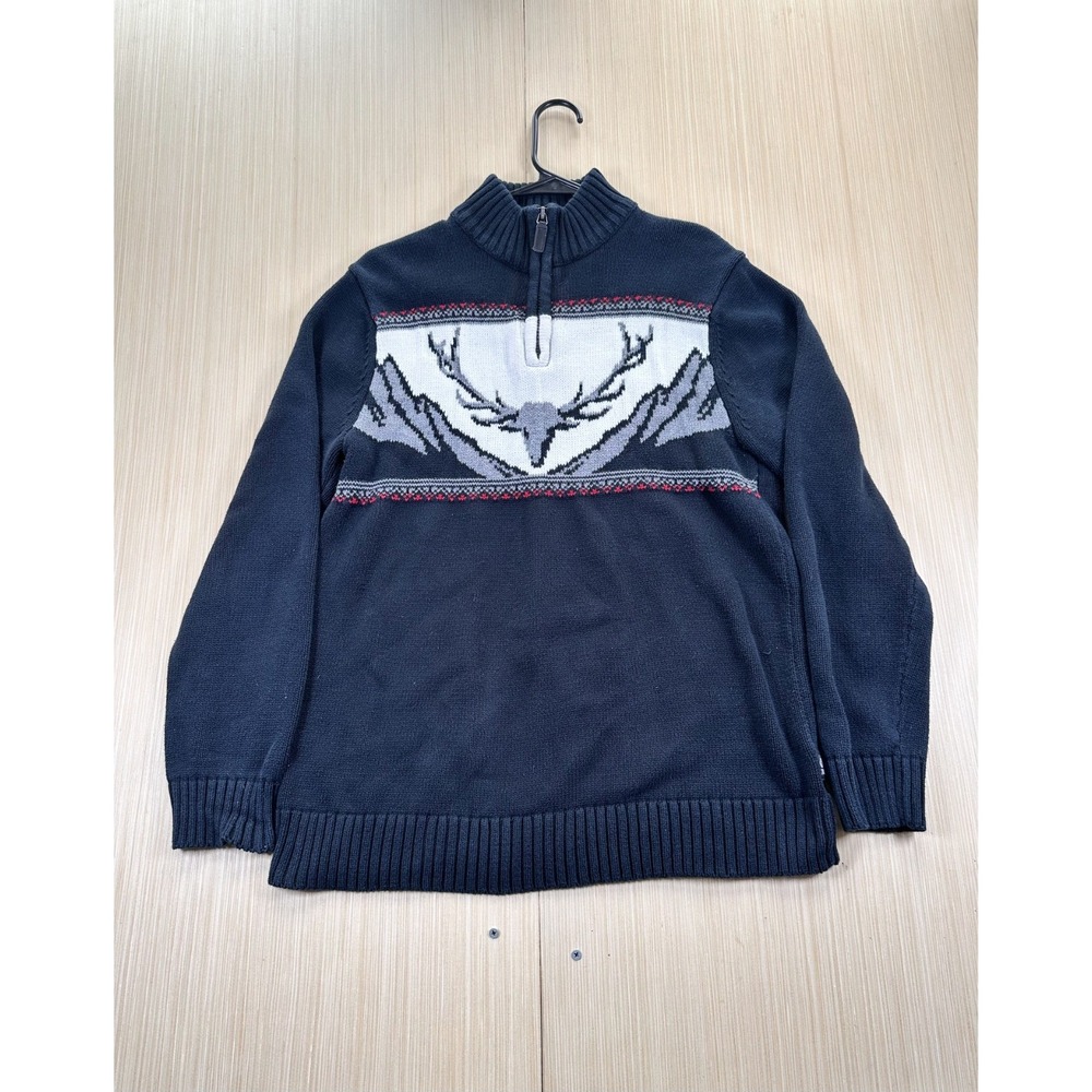 Chaps Sweater Mens Medium Navy White Chaps Deer Stag Buck Mock‎ Neck Quarter Zip